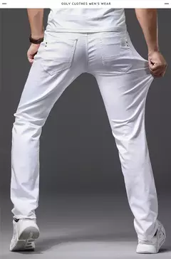 Image of Pantalones vaqueros blancos para hombre, moda informal, estilo clásico, ajustados, suaves, pantalones elásticos avanzados de marca masculina