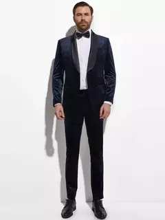 Traje de esmoquin de terciopelo azul medianoche para novio, esmoquin de boda entallado hecho a medida para hombre, chal de satén negro con solapa, último diseño on internet
