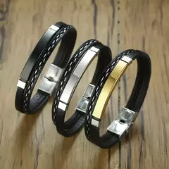 Vnox, pulseras de cuero genuino con líneas de coser únicas para hombres y mujeres, brazalete en capas con barra de acero inoxidable, Pulseira informal en internet