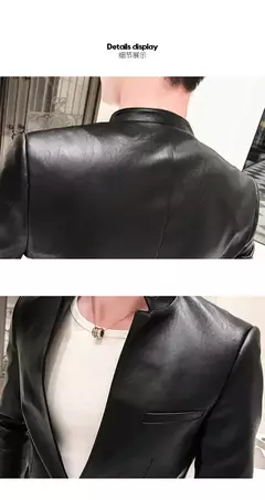 Imagen de Blazer negro ajustado para Hombre, chaqueta de cuero PU con un botón, traje informal de negocios, abrigo coreano para baile de graduación