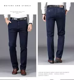 Image of Pantalones vaqueros clásicos de negocios de cintura alta para hombre, pantalón vaquero elástico recto azul oscuro, gruesos, de marca, otoño e invierno