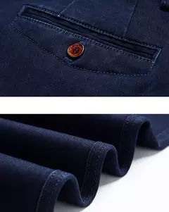 Image of Pantalones vaqueros clásicos de negocios de cintura alta para hombre, pantalón vaquero elástico recto azul oscuro, gruesos, de marca, otoño e invierno