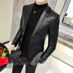 Imagen de Blazer negro ajustado para Hombre, chaqueta de cuero PU con un botón, traje informal de negocios, abrigo coreano para baile de graduación