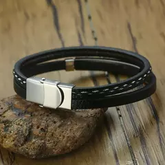 Vnox, pulseras de cuero genuino con líneas de coser únicas para hombres y mujeres, brazalete en capas con barra de acero inoxidable, Pulseira informal