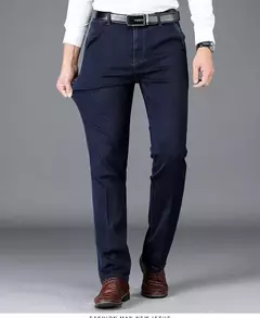 Pantalones vaqueros clásicos de negocios de cintura alta para hombre, pantalón vaquero elástico recto azul oscuro, gruesos, de marca, otoño e invierno - Eleganzie