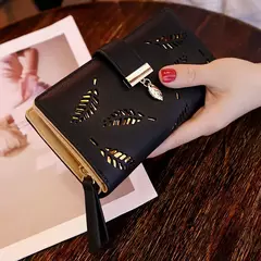 Cartera de moda para mujer, monedero de cuero PU para teléfono, bolsa de hojas huecas para mujer, bolso de mano para mujer, tarjeteros, carteras largas - Eleganzie