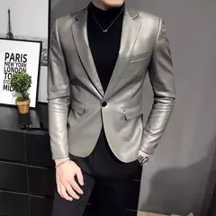 Blazer negro ajustado para Hombre, chaqueta de cuero PU con un botón, traje informal de negocios, abrigo coreano para baile de graduación - tienda en línea