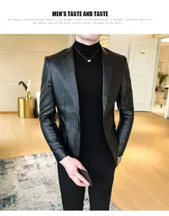 Blazer negro ajustado para Hombre, chaqueta de cuero PU con un botón, traje informal de negocios, abrigo coreano para baile de graduación - comprar en línea