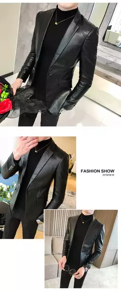 Blazer negro ajustado para Hombre, chaqueta de cuero PU con un botón, traje informal de negocios, abrigo coreano para baile de graduación