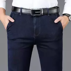 Pantalones vaqueros clásicos de negocios de cintura alta para hombre, pantalón vaquero elástico recto azul oscuro, gruesos, de marca, otoño e invierno - buy online