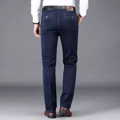 Pantalones vaqueros clásicos de negocios de cintura alta para hombre, pantalón vaquero elástico recto azul oscuro, gruesos, de marca, otoño e invierno - online store
