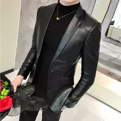 Blazer negro ajustado para Hombre, chaqueta de cuero PU con un botón, traje informal de negocios, abrigo coreano para baile de graduación