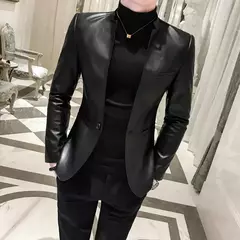 Blazer negro ajustado para Hombre, chaqueta de cuero PU con un botón, traje informal de negocios, abrigo coreano para baile de graduación - Eleganzie