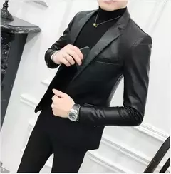 Blazer negro ajustado para Hombre, chaqueta de cuero PU con un botón, traje informal de negocios, abrigo coreano para baile de graduación - comprar en línea
