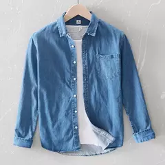 Brother Wang-camisas vaqueras 100% de algodón para hombre, camisa informal de trabajo diario suave y cómoda, fina, a la moda, color azul claro, manga larga on internet