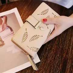 Cartera de moda para mujer, monedero de cuero PU para teléfono, bolsa de hojas huecas para mujer, bolso de mano para mujer, tarjeteros, carteras largas