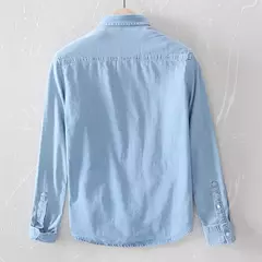 Brother Wang-camisas vaqueras 100% de algodón para hombre, camisa informal de trabajo diario suave y cómoda, fina, a la moda, color azul claro, manga larga