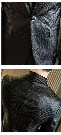 Blazer negro ajustado para Hombre, chaqueta de cuero PU con un botón, traje informal de negocios, abrigo coreano para baile de graduación - comprar en línea