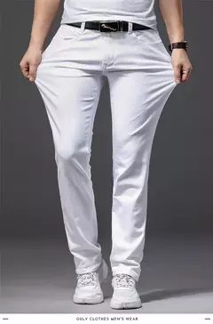 Image of Pantalones vaqueros blancos para hombre, moda informal, estilo clásico, ajustados, suaves, pantalones elásticos avanzados de marca masculina