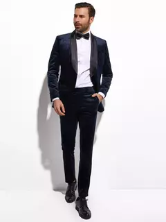 Traje de esmoquin de terciopelo azul medianoche para novio, esmoquin de boda entallado hecho a medida para hombre, chal de satén negro con solapa, último diseño - Eleganzie