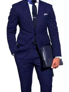 Traje de rayas de tiza para hombre, traje de rayas azul marino claro hecho a medida con bolsillo para billete, traje de una sola botonadura a medida, solapa de pico - comprar en línea
