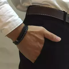 Vnox, pulseras de cuero genuino con líneas de coser únicas para hombres y mujeres, brazalete en capas con barra de acero inoxidable, Pulseira informal - tienda en línea