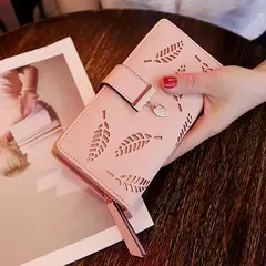 Cartera de moda para mujer, monedero de cuero PU para teléfono, bolsa de hojas huecas para mujer, bolso de mano para mujer, tarjeteros, carteras largas