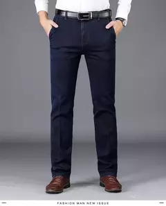 Pantalones vaqueros clásicos de negocios de cintura alta para hombre, pantalón vaquero elástico recto azul oscuro, gruesos, de marca, otoño e invierno