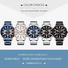 Imagen de CURREN, nuevo reloj deportivo informal con cronógrafo para hombre, reloj de pulsera con banda de acero inoxidable, reloj de cuarzo con esfera grande y punteros luminosos