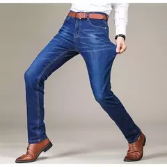 Pantalones vaqueros elásticos ajustados clásicos de otoño para hombre, pantalones de pierna recta de mezclilla de algodón informales de negocios, pantalones negros y azules para hombre - online store