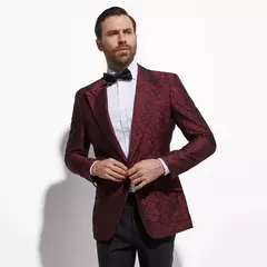 Chaqueta de traje de fiesta personalizada de Jacquard para hombre, Blazer ajustado a la moda, traje de boda hecho a medida, color rojo oscuro
