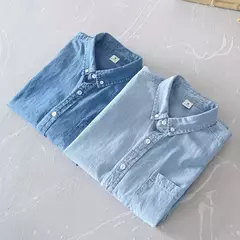 Image of Brother Wang-camisas vaqueras 100% de algodón para hombre, camisa informal de trabajo diario suave y cómoda, fina, a la moda, color azul claro, manga larga