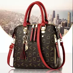Imagen de Bolso de mano con letras en inglés para mujer, bolso con asa superior y borlas de cuero PU, bolso de hombro de lujo, bolso de mano de gran capacidad con diseño