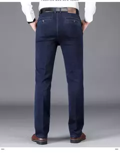 Pantalones vaqueros clásicos de negocios de cintura alta para hombre, pantalón vaquero elástico recto azul oscuro, gruesos, de marca, otoño e invierno - online store