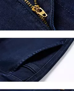 Pantalones vaqueros clásicos de negocios de cintura alta para hombre, pantalón vaquero elástico recto azul oscuro, gruesos, de marca, otoño e invierno - online store