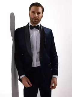 Traje de esmoquin de terciopelo azul medianoche para novio, esmoquin de boda entallado hecho a medida para hombre, chal de satén negro con solapa, último diseño - online store