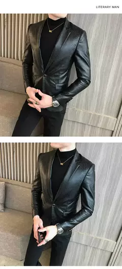 Blazer negro ajustado para Hombre, chaqueta de cuero PU con un botón, traje informal de negocios, abrigo coreano para baile de graduación en internet