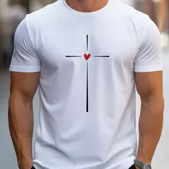 Image of Camiseta holgada de verano 100% algodón con estampado gráfico de corazón de amor para hombre, camiseta deportiva informal ajustada con cuello redondo y manga corta
