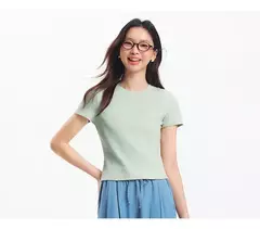 Image of Semir-Camiseta de manga corta para mujer, Top recortado bordado ajustado informal, Top básico con cuello redondo y hombros descubiertos, novedad de verano 2025