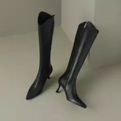 QUTAA-Botas hasta la rodilla de cuero genuino para mujer, zapatos de tacón alto fino, botas de motocicleta para fiesta, talla 34-39, 2024 - online store