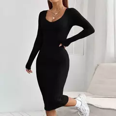 Mia Muse vestidos de mujer Otoño Invierno coreano Simple liso manga larga cuello redondo Midi ceñido al cuerpo vestidos casuales - comprar en línea