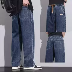 Pantalones vaqueros elásticos de cintura elástica para hombre, ropa de calle suelta, longitud completa, pantalones vaqueros rectos de pierna ancha con cordón, azul oscuro - online store