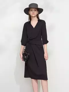 AMII vestido minimalista mujer 2025 primavera nuevo elegante Oficina señora solapa cuello pico ajustado no elástico plisado hasta la rodilla vestido acampanado 12521027 on internet