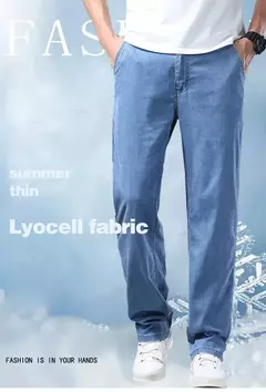 Pantalones vaqueros Lyocell de seda de hielo para hombre, pantalones vaqueros rectos holgados ultrafinos de verano, pantalones suaves y cómodos de marca para hombre, pantalones azul claro