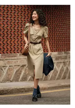 Semir-vestido Midi con abertura y escote cuadrado para mujer, traje utilitario lavado con sal, Estilo Vintage, verano, 2024 on internet