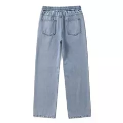 Pantalones vaqueros elásticos de cintura elástica para hombre, ropa de calle suelta, longitud completa, pantalones vaqueros rectos de pierna ancha con cordón, azul oscuro
