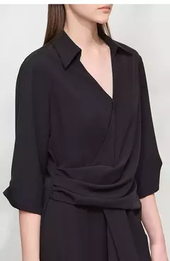 Image of AMII vestido minimalista mujer 2025 primavera nuevo elegante Oficina señora solapa cuello pico ajustado no elástico plisado hasta la rodilla vestido acampanado 12521027