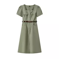 Semir-vestido Midi con abertura y escote cuadrado para mujer, traje utilitario lavado con sal, Estilo Vintage, verano, 2024 - buy online