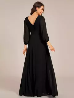 Vestidos de noche clásicos con cuello en V, mangas largas, cintura imperio, longitud hasta el suelo, vestido de dama de honor negro de gasa Ever Pretty 2025 en internet