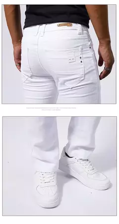 Image of Pantalones vaqueros informales blancos para hombre, nuevos pantalones vaqueros cómodos, elásticos, ajustados, rectos, ropa masculina, ropa de calle